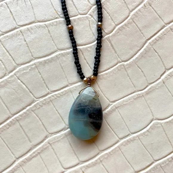 Black Beaded Necklace with Light Blue Stone Pendant - Picture 4 of 4